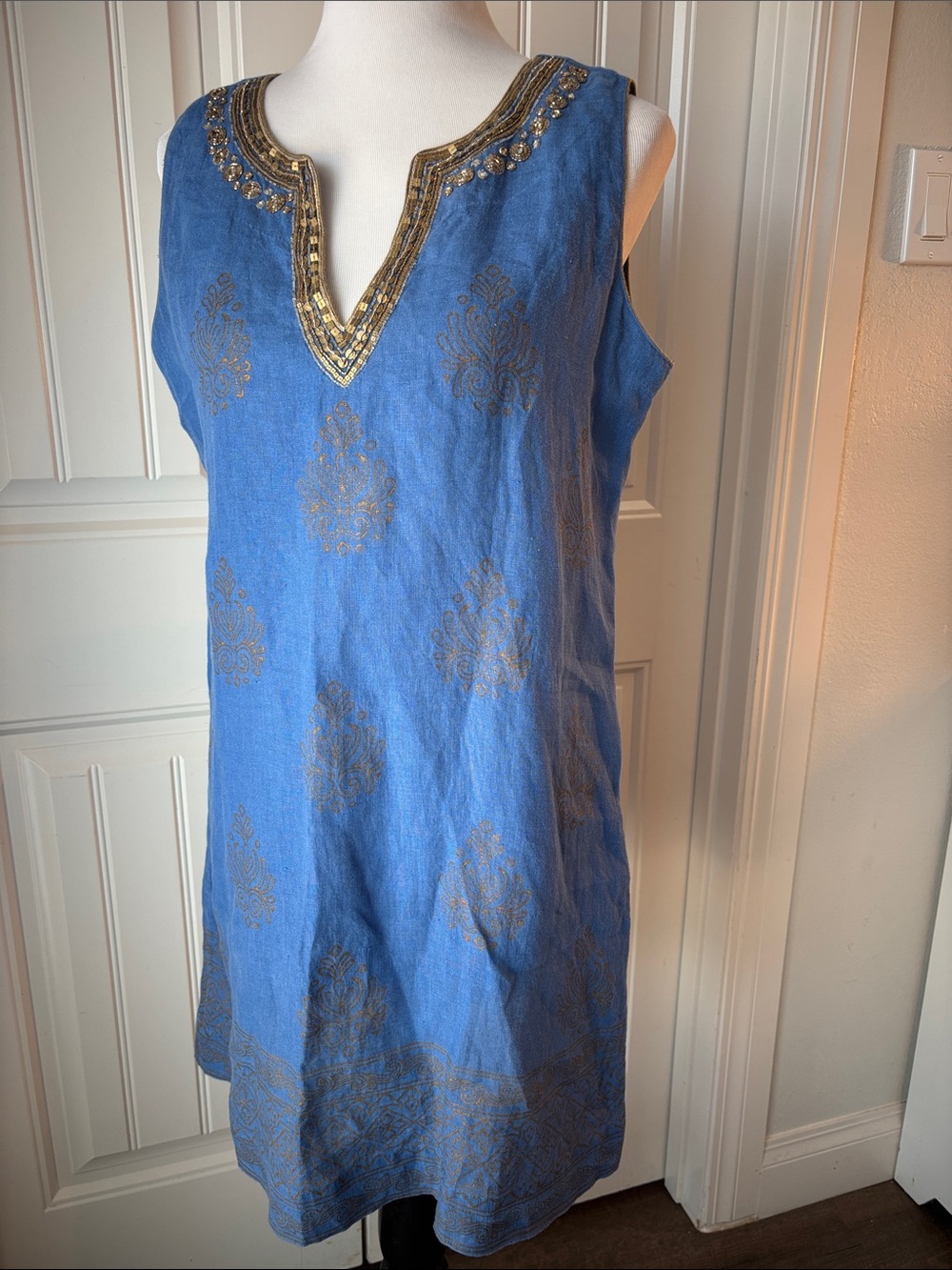 Soft Surroundings Blue Shift Dress with Gold Embellishment